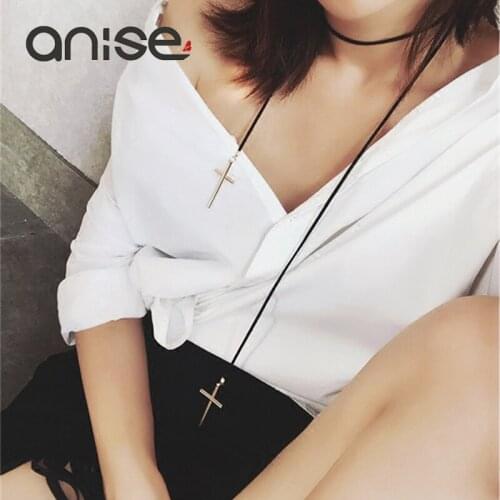 Anise Simple Black Velvet Choker Necklace Metal Cross Retro Necklace Long Necklaces For Women Jewelry collares mujer collares