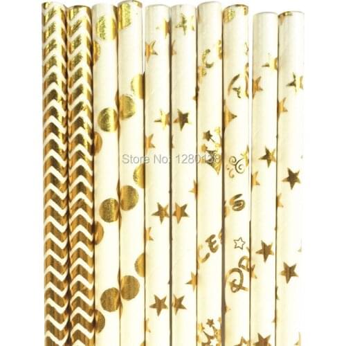 1000pcs Foil Gold/Silver Disposable Paper Party Straws-Star/Plain/Chevron/Striped Paper Straws for Pinic Bar Beverage Drinking
