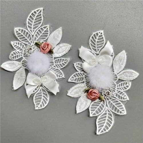 2pcs White Pompom Ball Diamond Flower Beads Bowknot Embroidered Lace Trim Ribbon Fabric Sewing Supplies Craft Costume Decoration