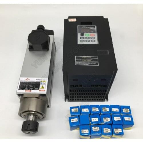 3PH 380V 3.5KW ER25 Square AC Spindle Motor Fan Air Cooled & 4KW VFD Inverter 15pcs Collets Spring Set for CNC Router Engraving