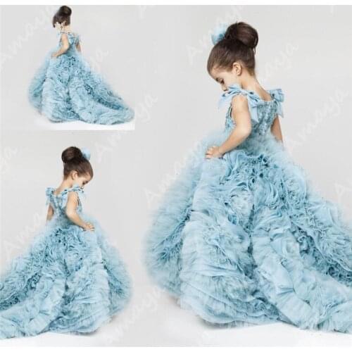 Amaya Pretty Flower Girls Dresses Ruched Tiered Ice Blue Puffy Girl Dresses for Wedding Party Gowns Plus Size Pageant Dresses