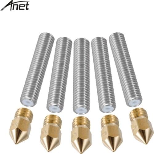 Anet 5pcs 30mm 1.75mm Extruder Throat Tube 5pcs 0.4mm Nozzl Extruder Brass Nozzle Print Head for A8 A2 MK8 Makerbot 3D Printer