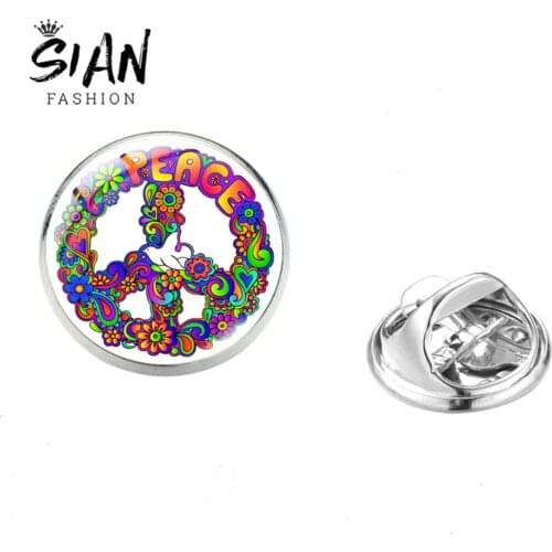 SIAN Peace Symbol Art Photoes Lapel Pins Retro Style Glass Cabochon Jewelry Badge Collar Pins Men Women Hat Clothes Decrations