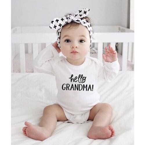 HELLO GRANDMA Print White Baby Rompers Girls and Boys Long Sleeve Romper Baby Jumpsuit Newborn Baby Clothing