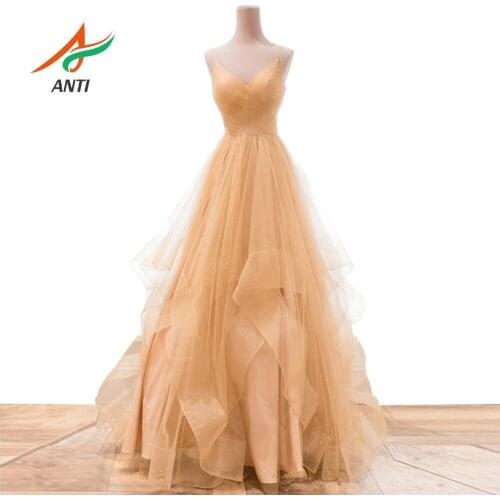 ANTI Champagne Evening Dress Sexy V-Neck Backless Vestidos De Fiesta De Noche A-Line Sleeveless Sling Shiny Floor-Length Gowns