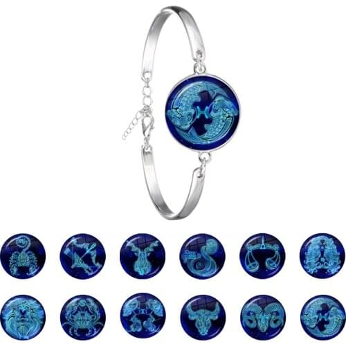 12 Zodiac Signs Glass Dome Constellations Metal Bracelet Fashion Jewelry Women Girls Bangle Birthday Gift