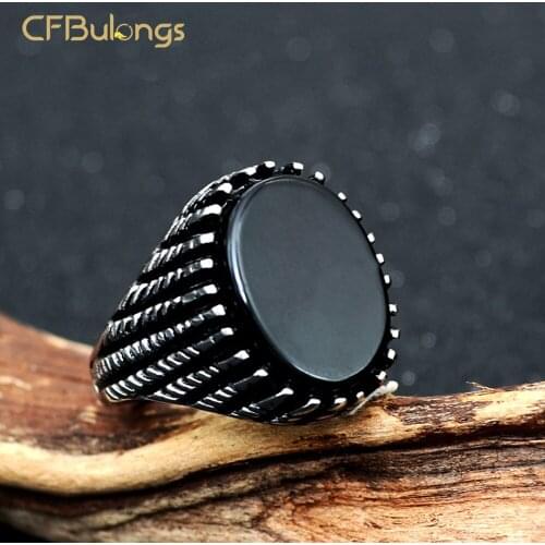 CFBulongs Black Oval Natural Stone Mens Ring Fashion Ladies Antique Silver Color PunkJewelry Party Gift