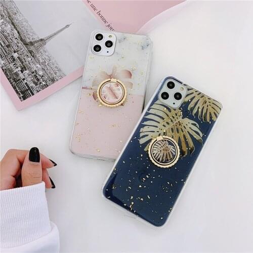 Gold foil silicone soft TPU shell Banana Leaf Pattern Stand Ring Phone Case For iphone 12 11 pro Xs max XR 8 7plus 12mini cover