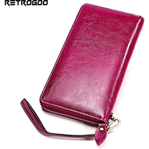 RETROGOO Genuine Leather Wallet Fashion Coin Purse For Ladies Women Long Clutch Wallets With Cell Phone Bag Card Holder Purse