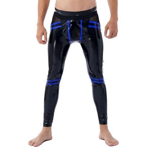 Men Open Back Stripe Leather Leggings Pole Dance Low Rise Elastic Exotic Apparel Skinny Pants Night Club Performance Trousers