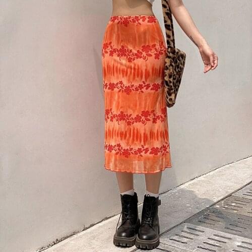 European and American Retro Floral Orange Print High Waist Skirt Slim Sexy Mesh Commuter Print Midi Skirt