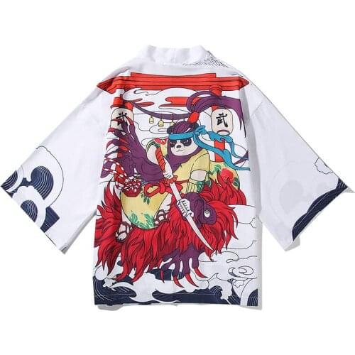 Summer Panda Printed Japanese Cardigan Beach Sunscreen Loose Kimono Mens Shirt Yukata Haori Retro Couple Asian Costumes