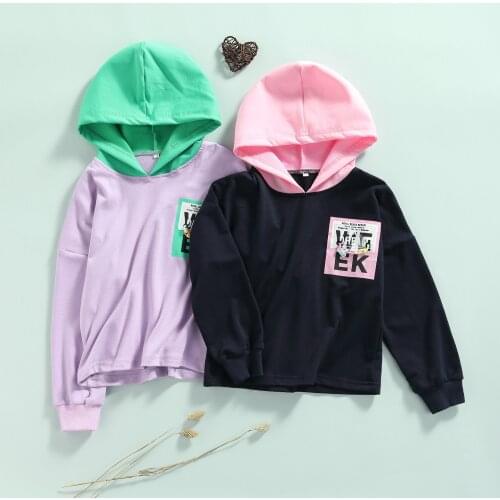 2021 4-9Y KId Baby Boys Girls Cool Hoodies Color Matching Letter Print Fall Long Sleeve Hooded Tops with Drawstring Spiral Chain