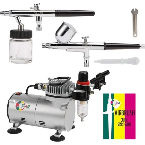 OPHIR Airbrush Kit with Air Compressor 0.3mm Dual Action & 0.8mm Single Action Airbrush Gun for Model Paint Cake _AC089+004+072