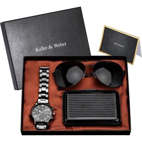 Mens Gift Set Quartz Wristwatch Credit Card Case Fashion Sunglasses with Box Men Watch Birthday Gifts for Father Brother Son