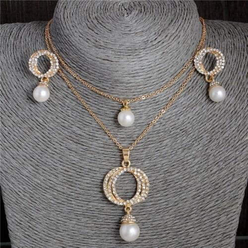 Gold Color Chain Imitation Pearl Necklace Earrings Set Austrian Crystal Jewelry Sets For Women Wedding Bridal Jewelry Gifts