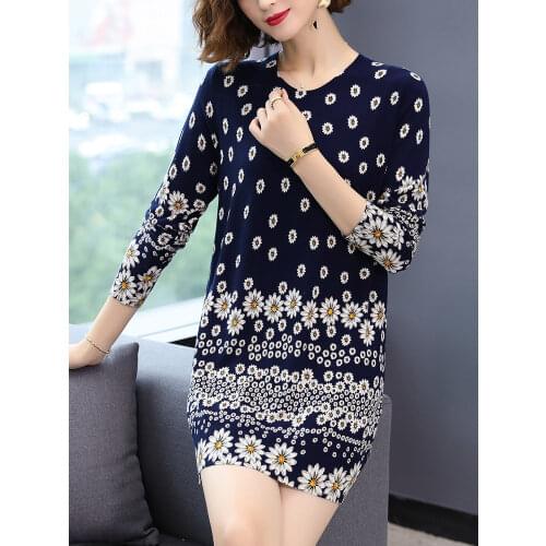 Print Floral Long Sweater Dress Autumn Casual Long Sleeve Pullovers Knitwear Jumper Plus Size Pull Elasticity Sweater Women