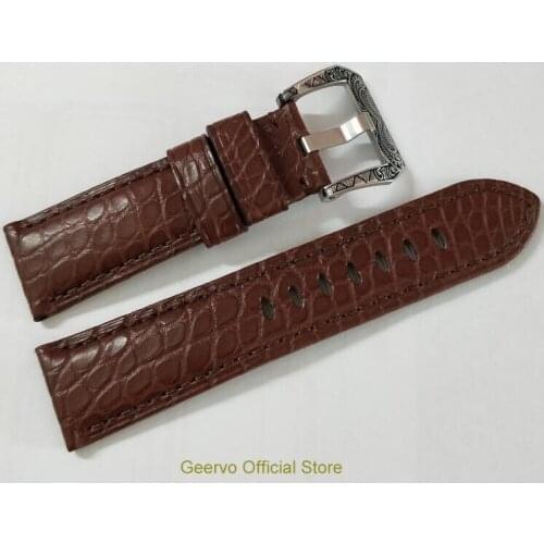 24mm Watch band strap brown crocodile Genuine leather carving pattern watch buckle 11A