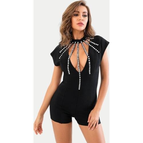 Sexy Black Sleeveless O Neck Playsuit New Fashion Women Designer Hollow Out Bodycon Party Playsuit