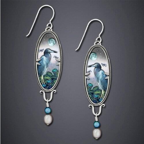 Vintage Earrings Pendant Jewelry Moon Flower Bird Landscape Painting Retro Wedding Accessories Long Earring for Women O5D404