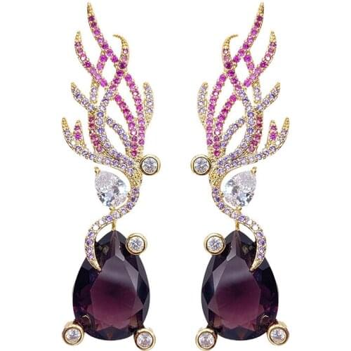 Angel Wings Earrings For Women Purple Water Drop Dangle Jewelry Cubic Zirconia Brand Design Female Luxury Wedding Earring
