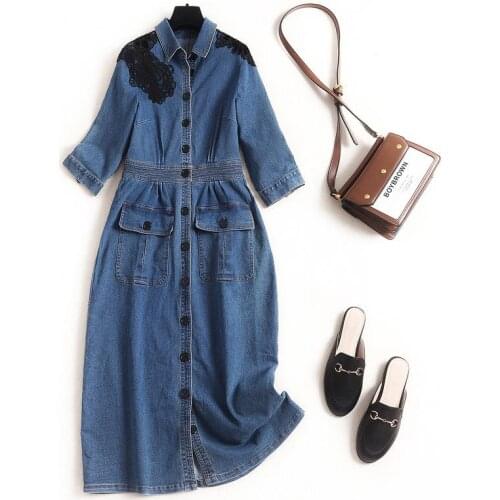 European Boutique Denim Dress 2021 Autumn New Womens Splicing Lace Polo Collar Skirt 52639