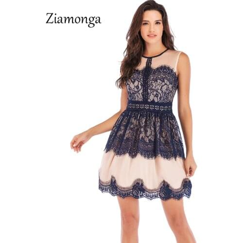 Ziamonga Elegant Lace Patchwork Vintage Dresses 2019 Sleeveless Hollow High Waist A-Line Dress Women Homecoming Party Dresses