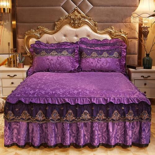 Beige Velvet Warm Bed Skirt Pillowcases 1/3pcs Solid color Bedding Princess Thick Bedspread Lace Bed Sheet Linen Twin/Queen/king