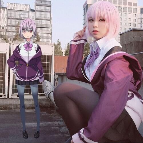Anime SSSS.GRIDMAN Akane Shinjo Short Bobo Straight Purple Ombre Grey Synthetic Hair Cosplay Wig + Wig Cap