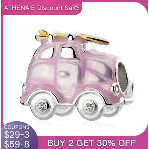 ATHENAIE 925 Sterling Silver Pink Enamel Travel Camper Van Charms for Bracelet DIY Women Jewelry