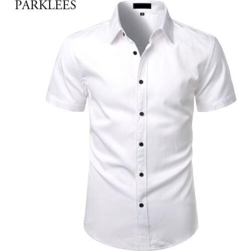 White Mens Bamboo Fiber Dress Shirts Short Sleeve Casual Button Down Shirt Men Non Iron Easy Care Elastic Business Shirt Male