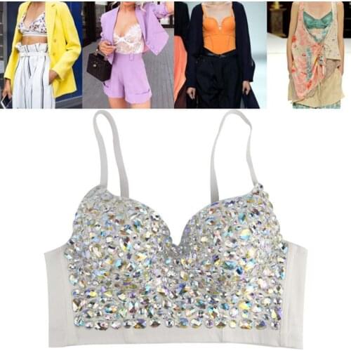 Women Sexy AB Colored Rhinestone Bustier Top Push Up Bralette Glitter Club Party Corset Bra Vest High Quality and Brand New
