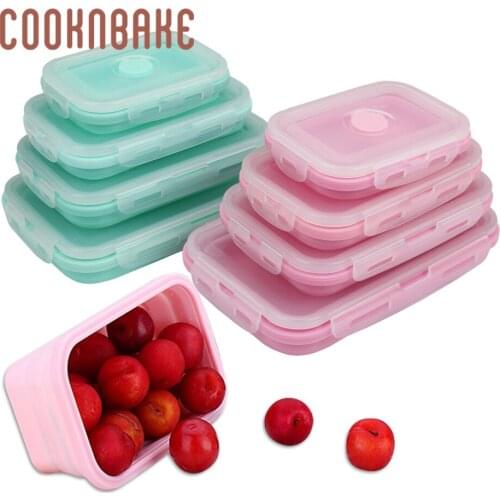COOKNBAKE Silicone Lunch Box Collapsible Folding Food Storage Container with Lids Kitchen Microwave Freezer Safe Kids