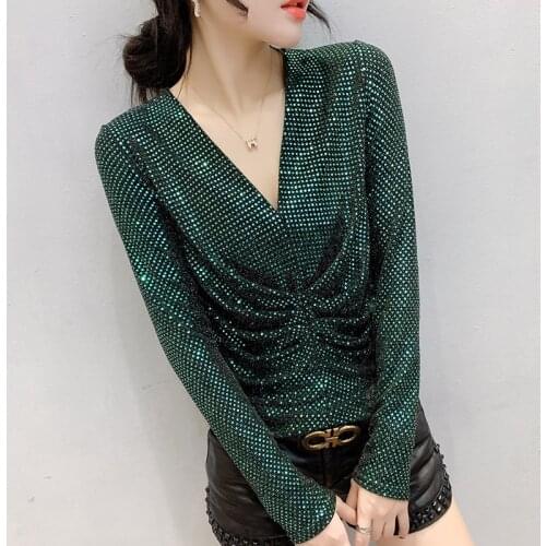 European new winter sequins sexy female T-shirt long-sleeved v-neck fold cultivate ones morality render unlined upper garment t