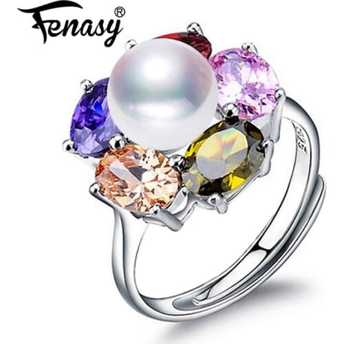 FENASY Pearl Jewelry Adjustable 925 Sterling Silver Colorful Party Flower Ruby Rings Natural Freshwater Rings For Women