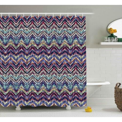 Fractal Shower Curtain Abstract Zig Zag Chevron Motif in Vibrant with Murky Tone Effects Image Bathroom Waterproof Curtains