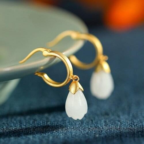 Natural Hetian Jade S925 Sterling Silver Magnolia Eardrops Ear Hooks Gold Plated Earrings for Women Fashion Retro Graceful Ear