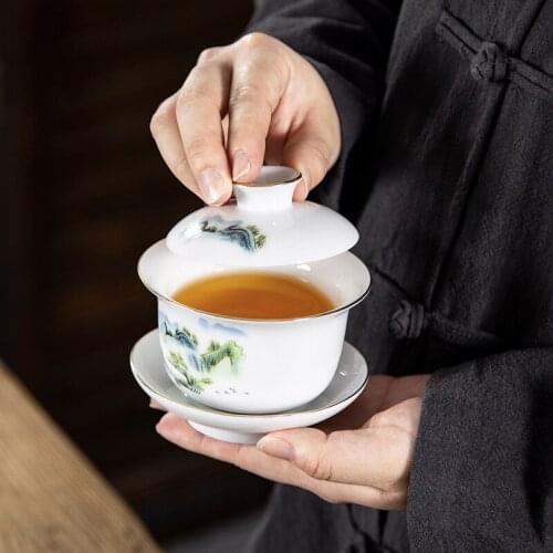 Chinese Tea Bowl Lid Saucer Set Ceramic gaiwan Kung fu tea set Teaware Traditional Tureen Handmade Tea Brew