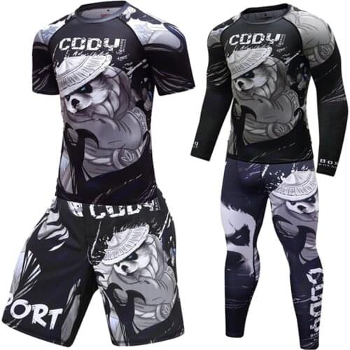 BJJ Kickboxing Panda Rashguard Boxing Set Compression Jersey+Pants Tight T-shirts Muay Thai MMA Fightwear Fitness Sport Suit