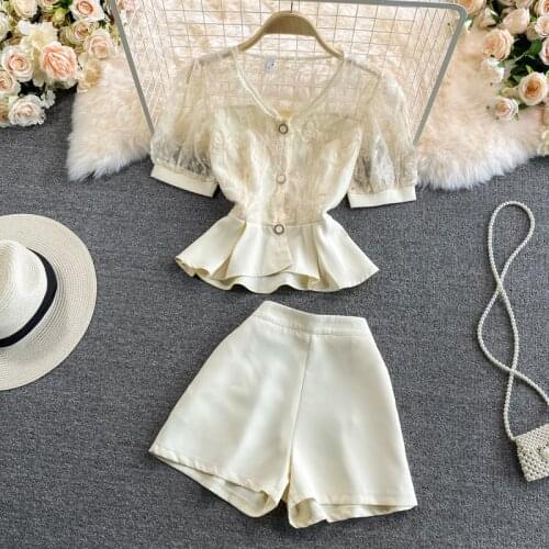 Fashion shorts sets two piece set women lace tops + shorts uniform ensemble femme outfit ropa mujer verano 2021 Suit costume
