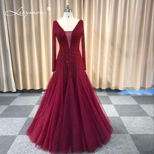 Leeymon Custom Made2020 Plus Size Trumpet Long Sleeve Sexy Backless Deep V Neck Beads Sequins Mermaid Evening Dress