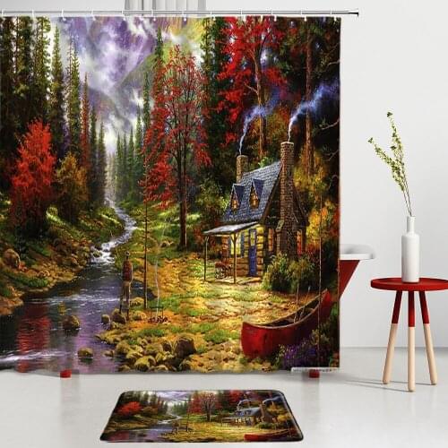 Forest Landscape Shower Curtains Set Waterfall Red Natural Scenery Bath Mats Bath Screens Bathroom Room Decoration Rugs