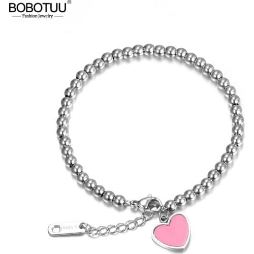 BOBOTUU Trendy Pink/Blue Heart Charm Bracelets & Bangles For Women Girls Stainless Steel Rose Gold Beaded Bracelet BB17069