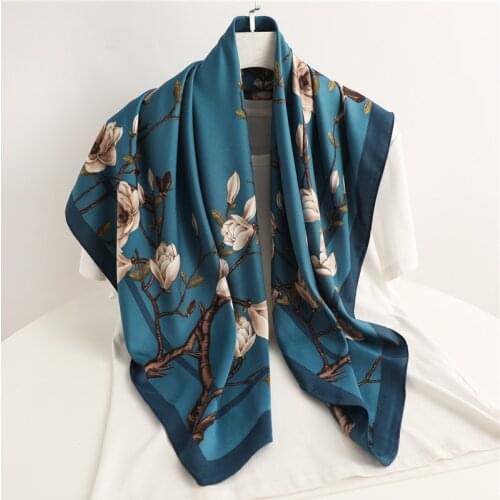 Fashion Floral Scarf Women Hijab Foulard Bandana Large Square Neckerchief Twill Silk Headscarves Pashmina Shawl and Wrap