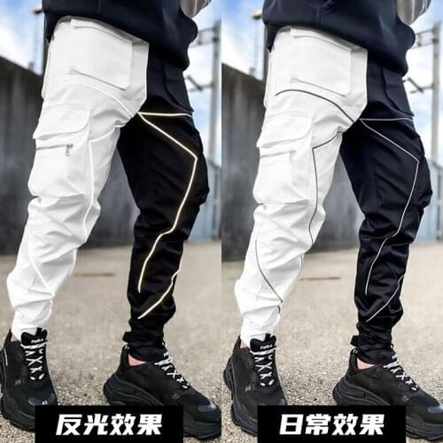 Mens Reflective Stripes Hip Hop Jogger Pants Loose Casual Cargo Trousers