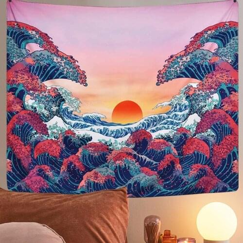 Ocean Wave Tapestry Wall Hanging Sunset Tapestry 3D Pink Great Wave Tapestries for Room Home Decor