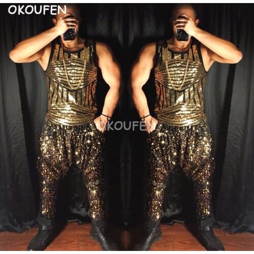 New Sequined Gold Vest Harem pants costume suit Bar nightclub hipster male dance singer male stage show costume