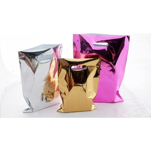 Plastic Glossy Gift Bag Shopping Mall Grocery Clothes Packaging Rose Gold Silver Foil Bags Free Shipping