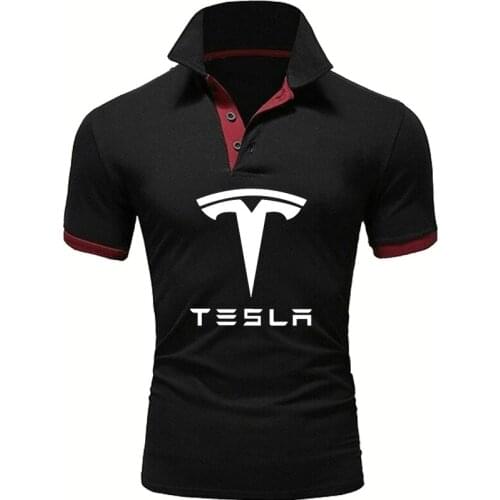 NEW High Quality Men Solid color short sleeve Tesla car Logo Printing Summer Mens tops Pure cotton Casual Mens polo shirt
