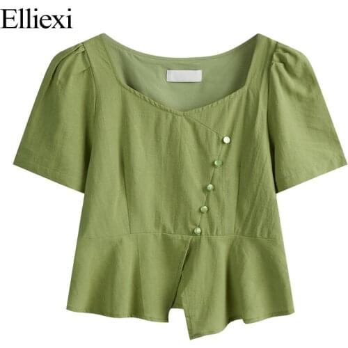 Elliexi lrregular Tops Green Puff Sleeve Loose Casual Tops Vintage Button Summer Women Office Lady New Design Blouses Tops